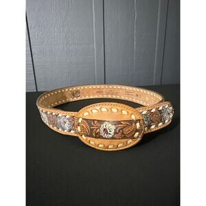 Vintage 70s 80s Kenny Rogers Western Tooled Saddle Leather Tan Brown Belt Sz 30